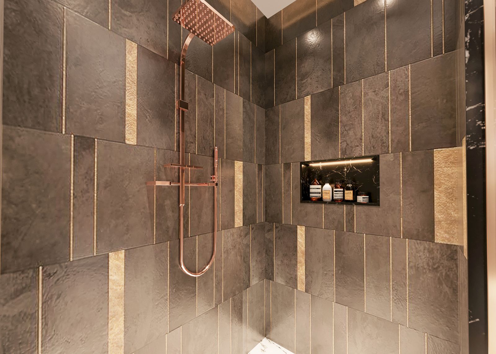 Luxury walk-in shower with dark textured tile and copper fixtures — Arizona bathroom remodel